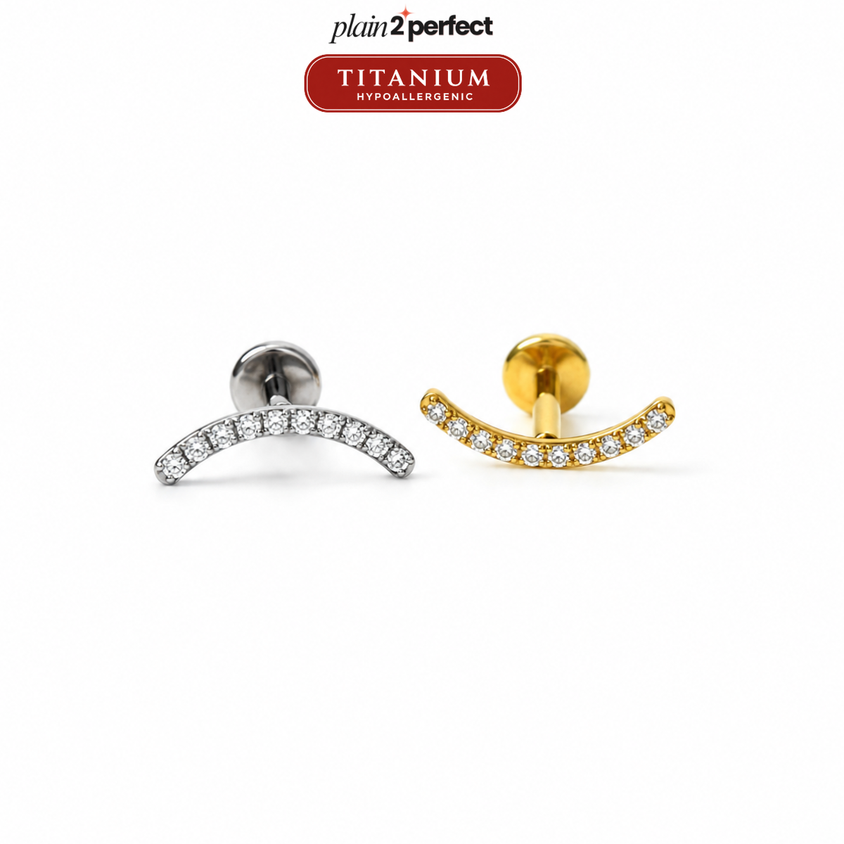จิวหูโค้งฝังเพชร Flat Back | Titanium Curved CZ Stud