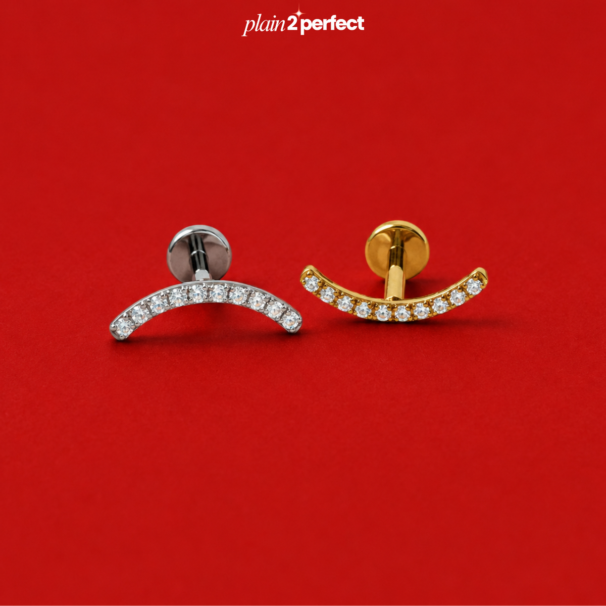 จิวหูโค้งฝังเพชร Flat Back | Titanium Curved CZ Stud