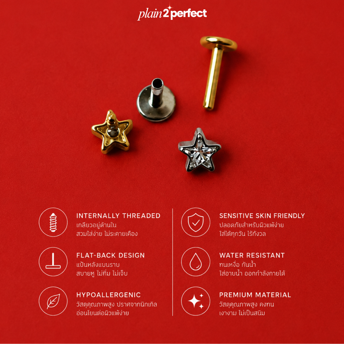 จิวหูดาวเพชร Flat Back | Titanium Star CZ Stud