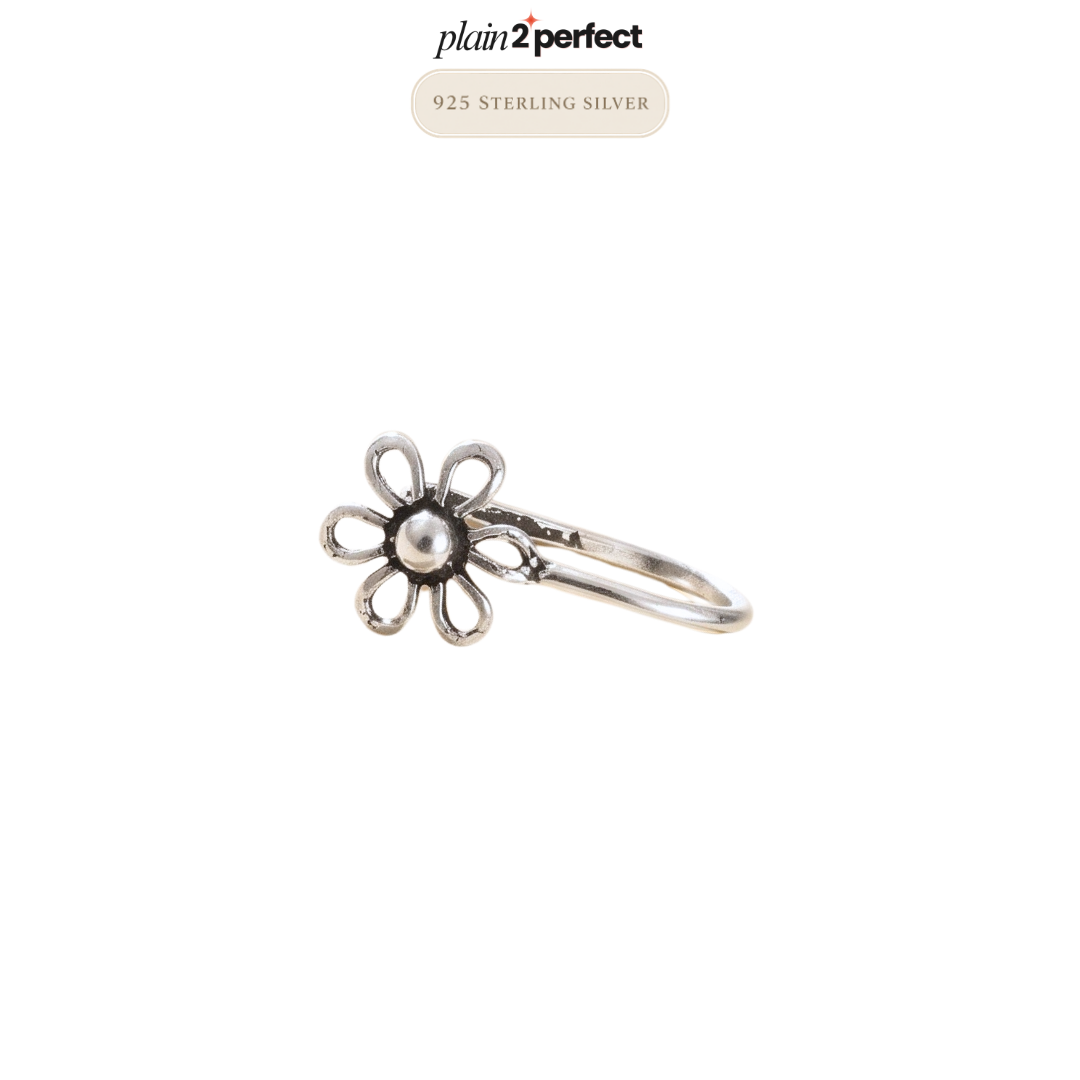 จิวจมูกไม่เจาะดอกไม้วินเทจ เงินแท้ | Sterling Silver Oxidized Flower Nose Cuff
